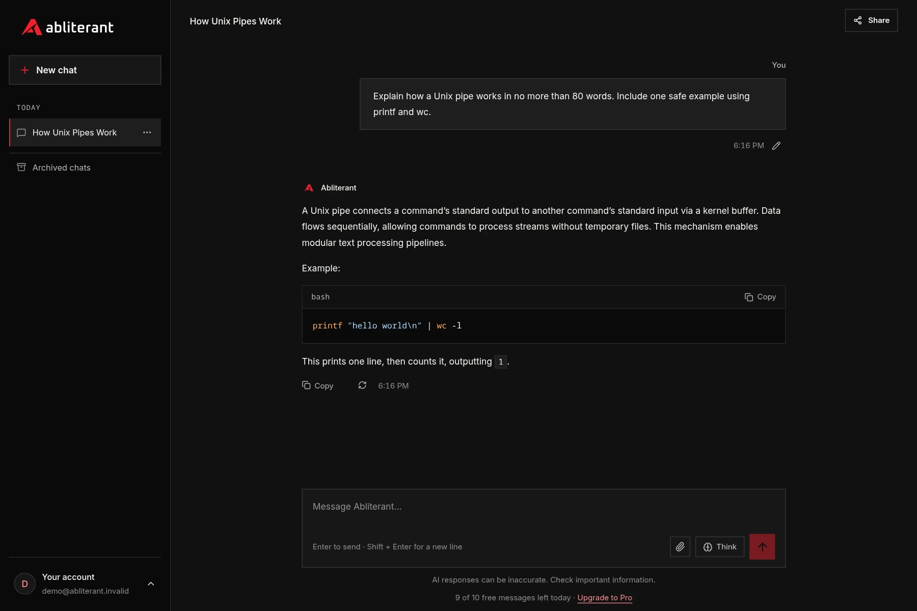 Abliterant Chat showing a Unix pipe explanation, saved history, and the message composer.